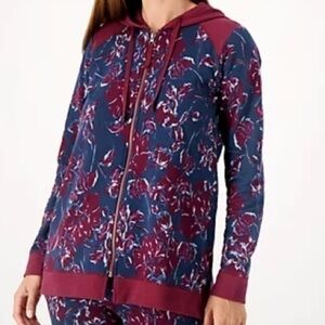 LOGO Lounge Lori Goldstein floral zip front hooded sweatshirt jacket NWOT